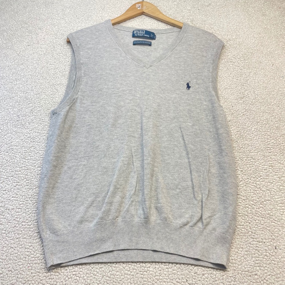 Polo Ralph Lauren Sweater Vest Mens L Gray Cotton Cashmere V-Neck Pony Logo 1550